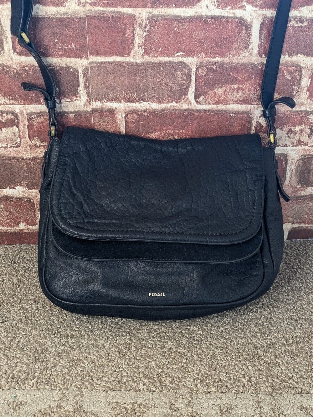 Fossil Peyton Crossbody Bag Black Pebbled Leather Suede Vintage